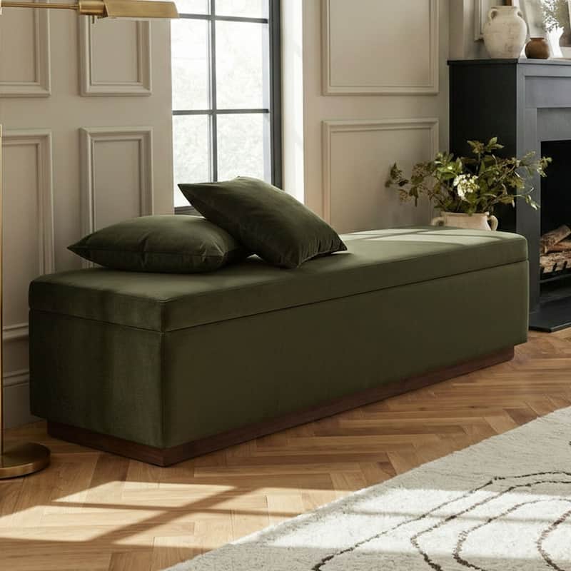 60" Wide Mid-Century Velvet Storage Bench With Solid Wood Base