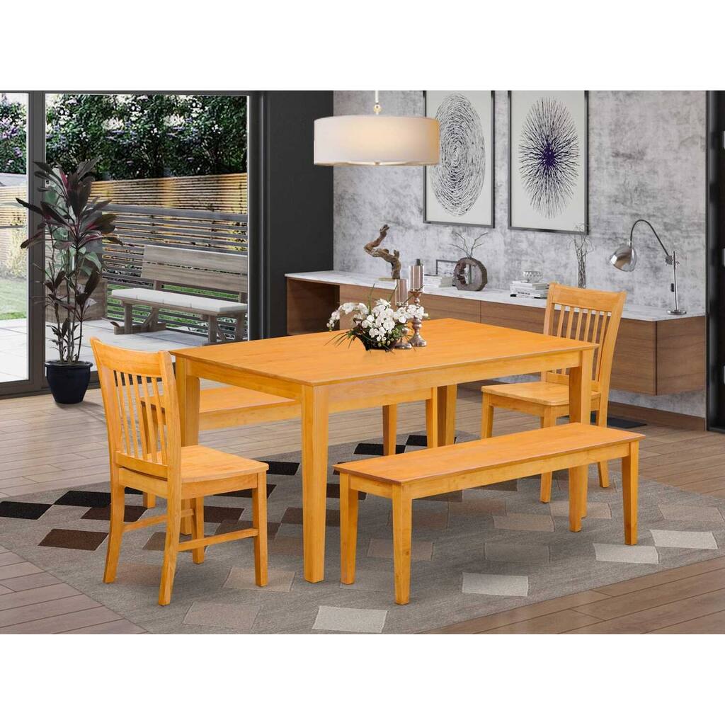 HomeStock 5-Piece Rectangle Natural Oak Finish Solid Wood Top Dining Table with 2 Benches, 2 Chairs with Lattice Back