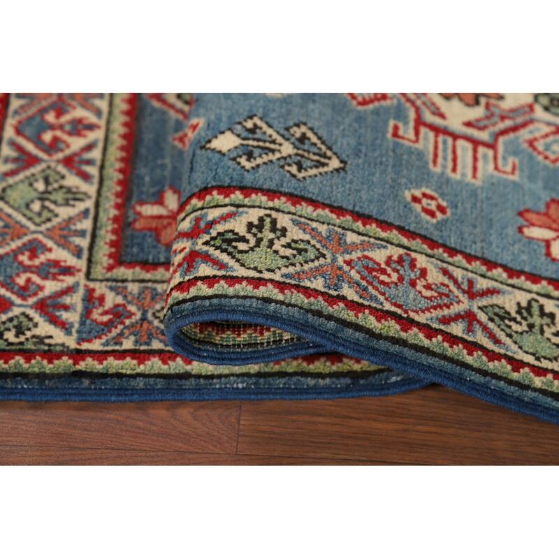 Hand Knotted Oriental 100% Wool Carpet Traditional Geometric Navy Blue & Blues Kazak Area Rug - 3' 3'' X 1' 11''