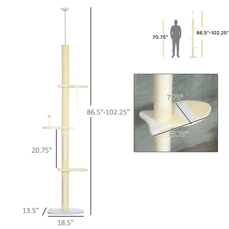 86"-102" Adjustable Cat Tree Tower with Hammock, Sisal Posts & Toy - 18.5" L x 13.5" W x 86.5" - 102.25" H.