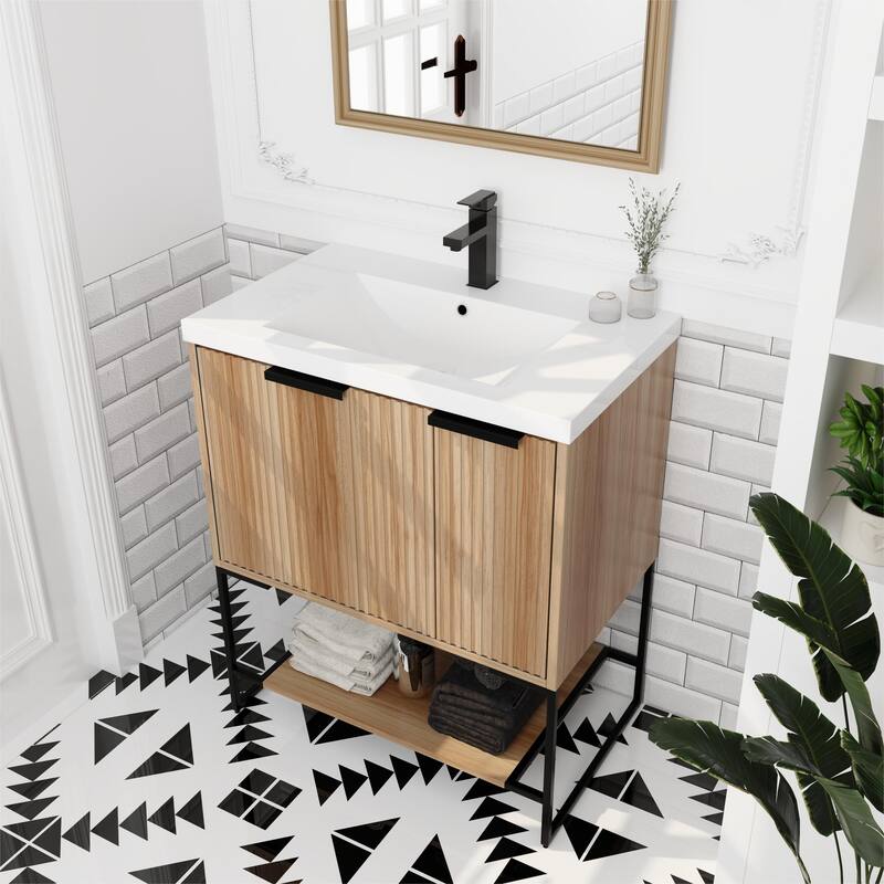 Bathroom Vanity With Sink In 24/30 Inch, Freestanding Bathroom Vanity With Soft Close Door & Drawer and Open Shelf
