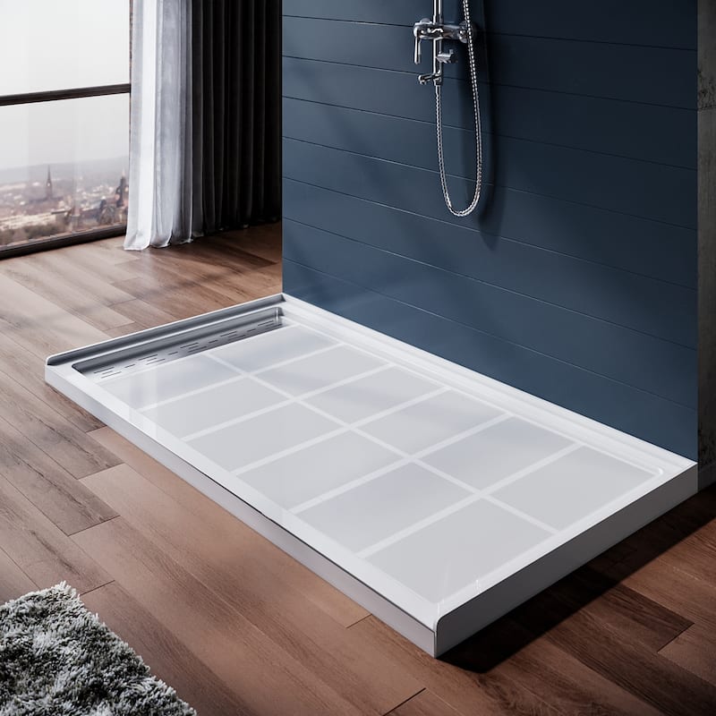 Elegant Rectangular Shower Base in White Single Threshold Left Drain Anti-slip SMC Shower Pan 48'' L x 32'' W x 4'' H - 48" x 32" x 4" - White