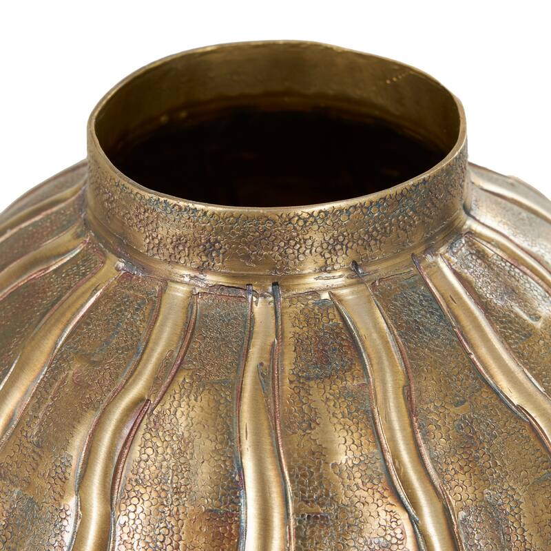 Brass Metal Snakeskin Inspired Decorative Vase with Dimensional Wavy Accents