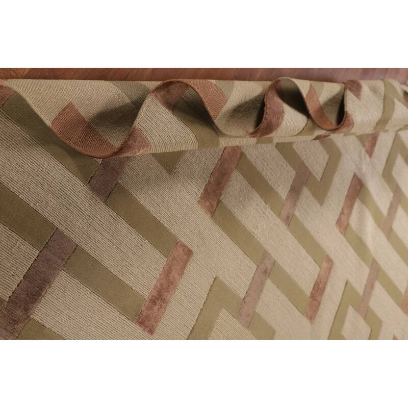 Geometric Beige Nepalese Oriental Area Rug Hand-Knotted Wool Carpet - 9'1" x 12'1"