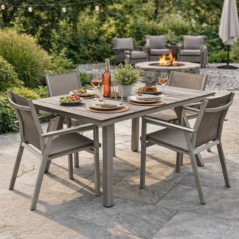Zia 59 Inch Outdoor Table, Polyresin Plank Top, Smooth Gray Aluminum Frame