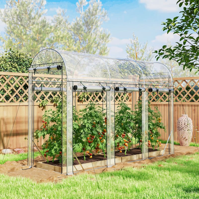 Outsunny Walk-in Tunnel Greenhouse, 10' x 3' x 6.5' Hoop House Greenhouse with 8 Roll-Up Doors, Plant Hot House - Portable