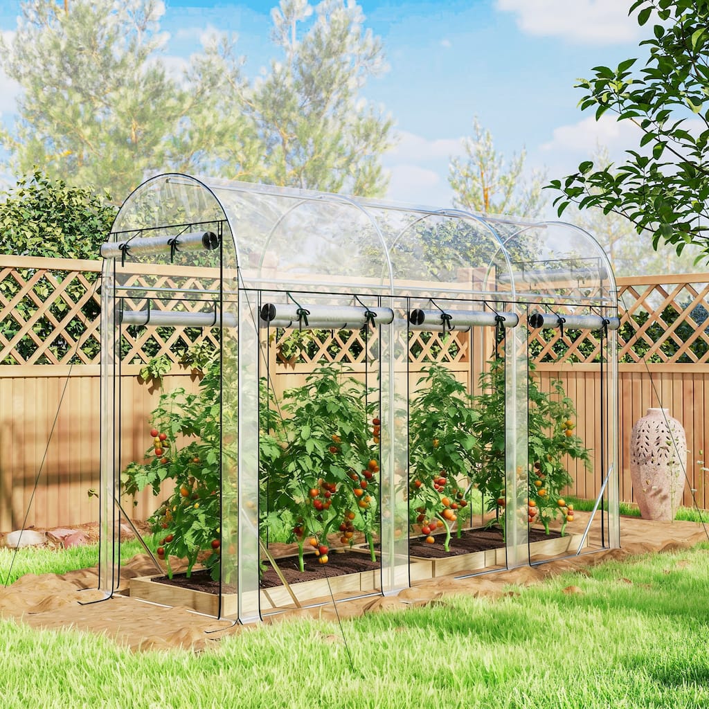 Outsunny Walk-in Tunnel Greenhouse, 10' x 3' x 6.5' Hoop House Greenhouse with 8 Roll-Up Doors, Plant Hot House