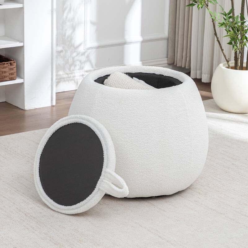 SEYNAR 25" Faux Sherpa Round Storage Ottoman - Large Cozy Bouclé Footrest Stool
