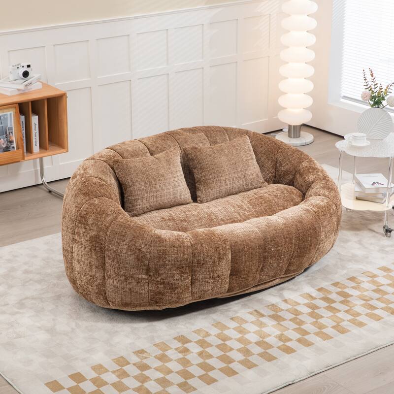 Chenille Giant Bean Bag Chair, High-Density Foam Lazy Sofa Chair, Round Bean Bag Sofa with 2 Pillows & Curved Armrests