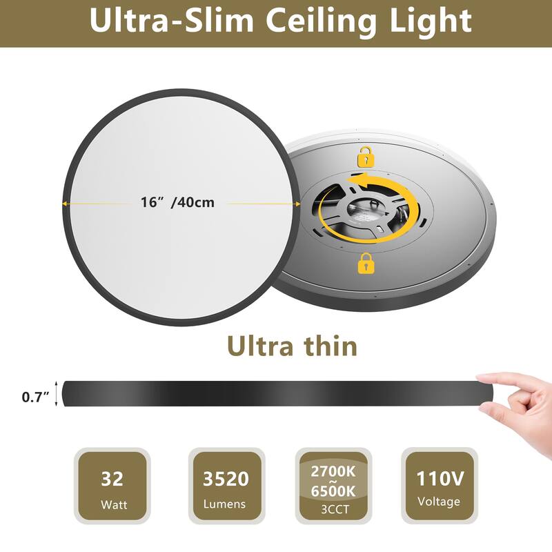 16inch Flush Mount Ceiling Light, 32W 3520LM 5CCT Selectable, Dimmable LED Ceiling Light Fixture