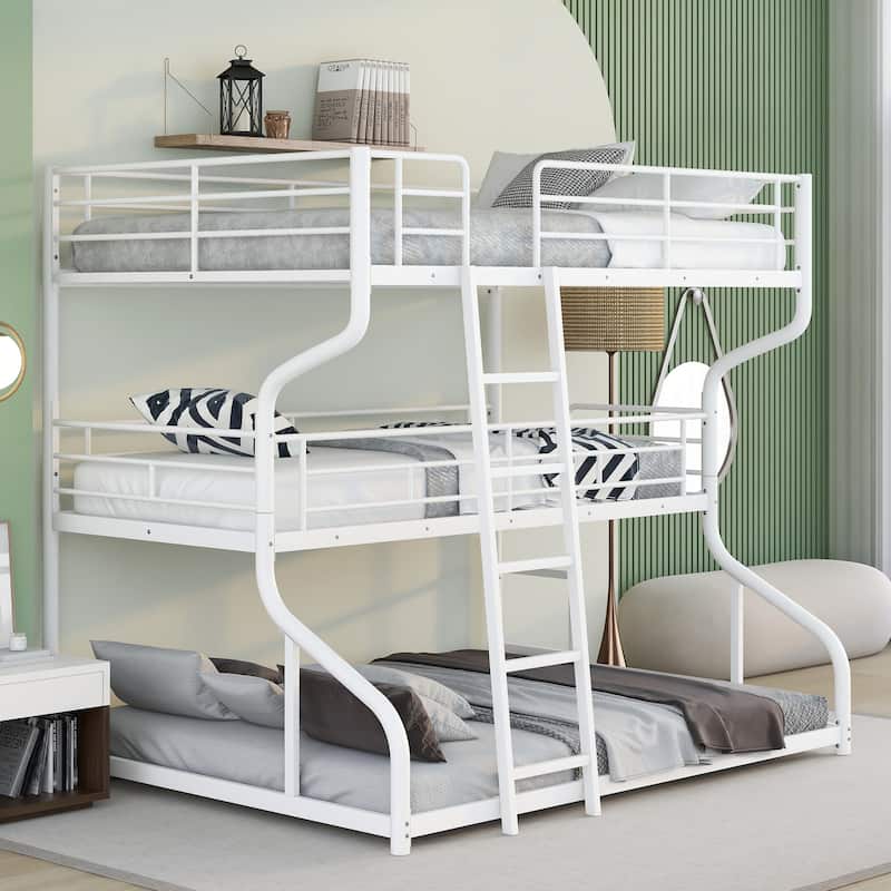 Full XL over Twin XL over Queen Size Bunk Bed with Full Length Guardrails, Heavy Duty Metal Triple Bunk Bed Frame with Ladder