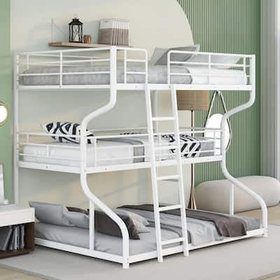 Space-Saving Full XL over Twin XL over Queen Triple Bunk Bed with Guardrails