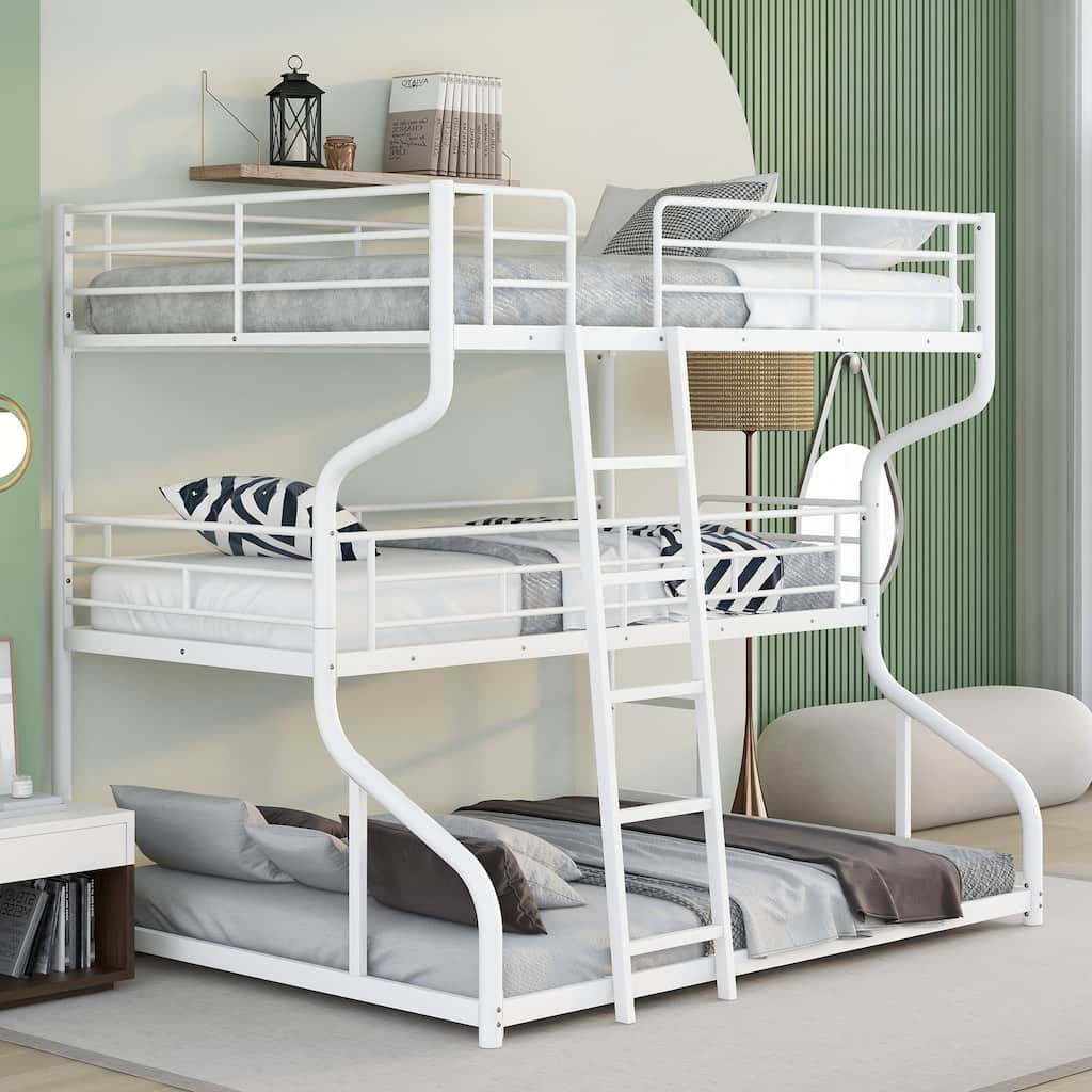 White Full XL over Twin XL over Queen Metal Triple Bunk Bed with Guardrail, Angled Ladder
