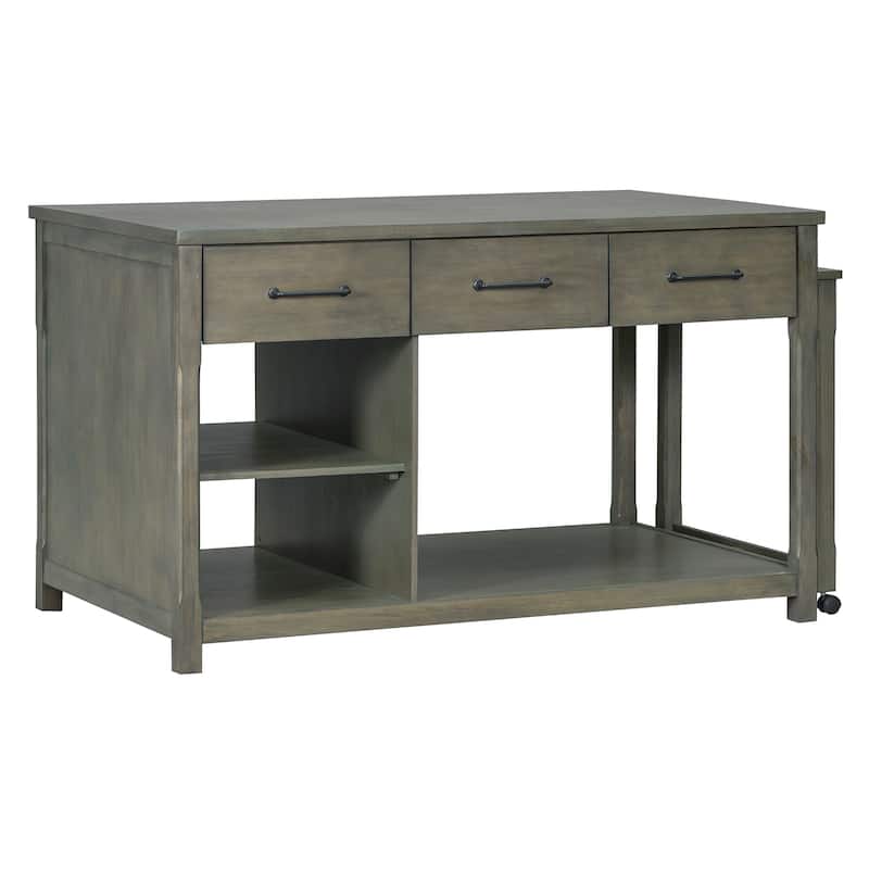 Gray Extendable Kitchen Island with Power Outlets and Rolling Wheels