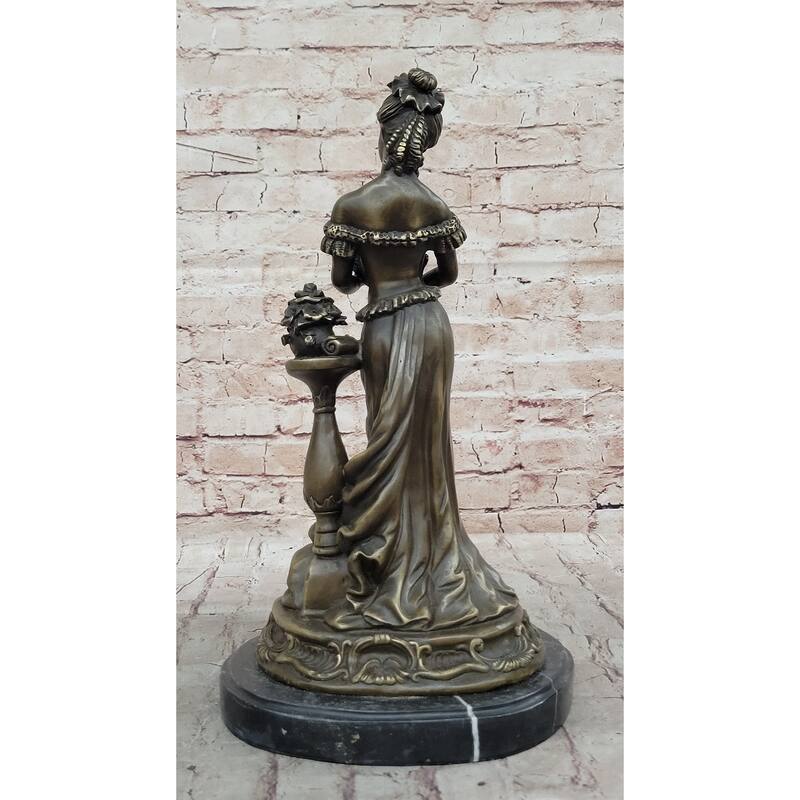Victorian Edwardian Era European Young Woman Holding Puppy Imitative Dog - Bronze Sculpture By Milo