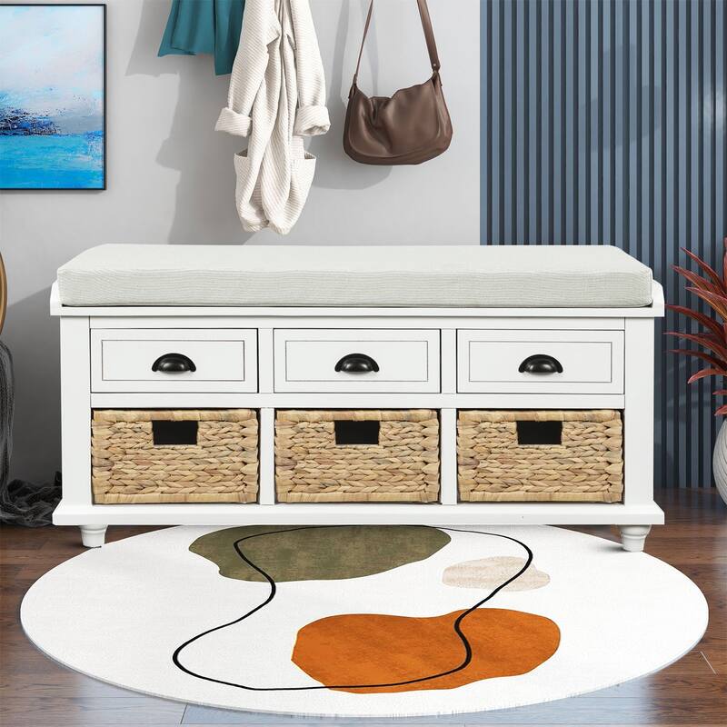 Classic Farmhouse Style Storage Bench with a Removable Linen Blend Seat Cushion