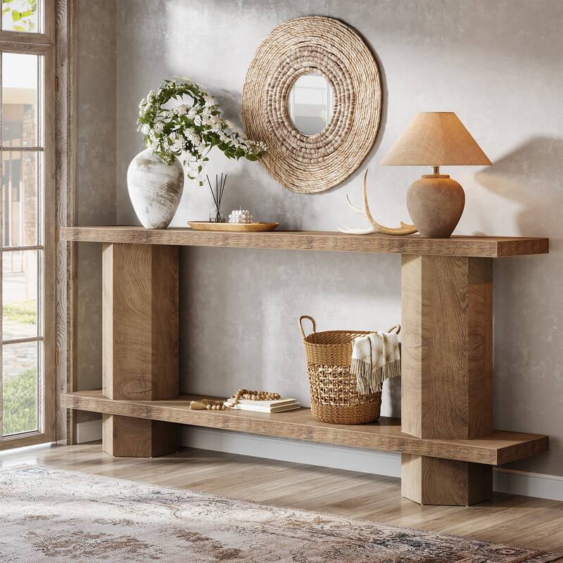 71-Inch Long Console Table for Entryway, 2-Tier Sofa Table - 11.81"D x 70.86"W x 31.5"H - Burlywood
