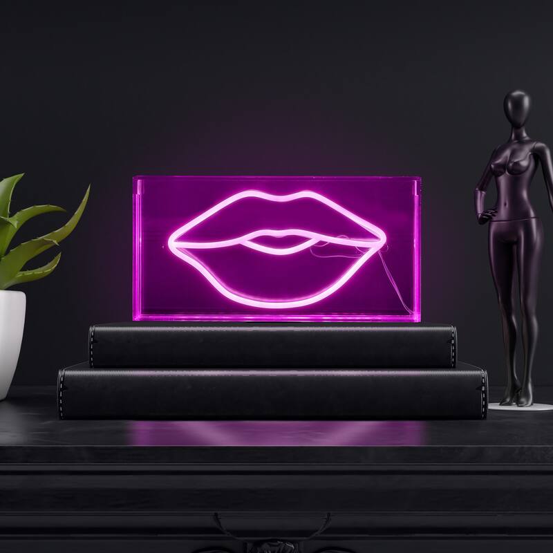 Lips 11.88" X 5.88" Contemporary Glam Acrylic Box USB Operated LED Neon Light, Pink by JONATHAN Y - 11.88" X 5.88"