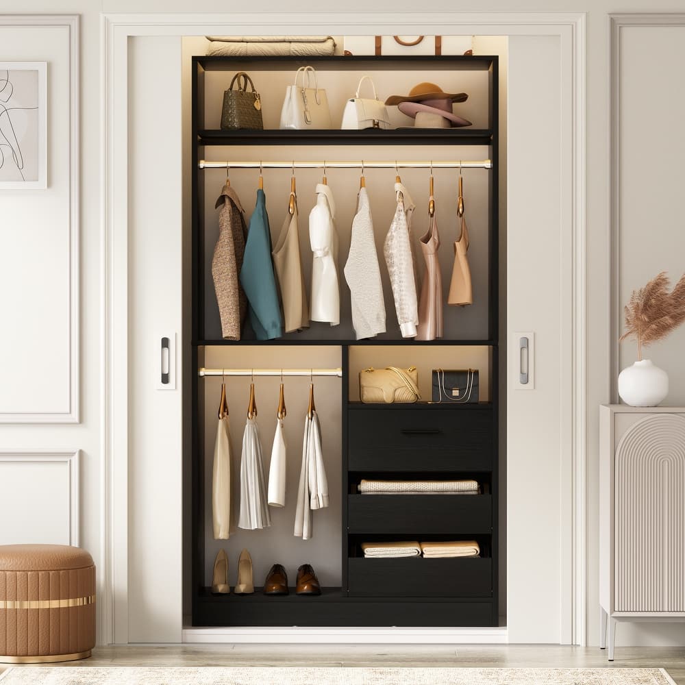Qvella 36'' W Freestanding Walk-in Closet Organizer System with 2 Hanging Rods and 3 Wood Drawers