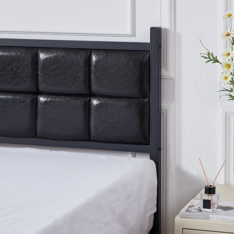 VECELO Faux Leather Tufted Bed, Metal Frame Bed Frame