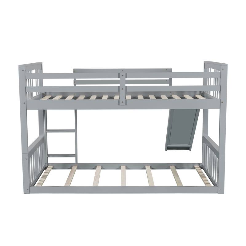 Floor Bed & Platform Bed Set Convertible into Twin over Twin Bunk Bed with Fun Slide, Full-Length Guardrails and Slats Support