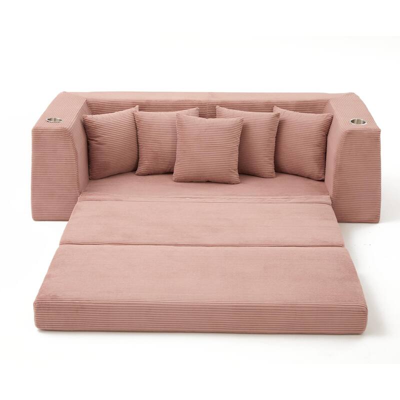 Modern Convertible Loveseat Sofa Bed, Corduroy Fabric Foldable Floor Couch w/5 Pillows, Side Pockets & Cup Holders, No Assembly