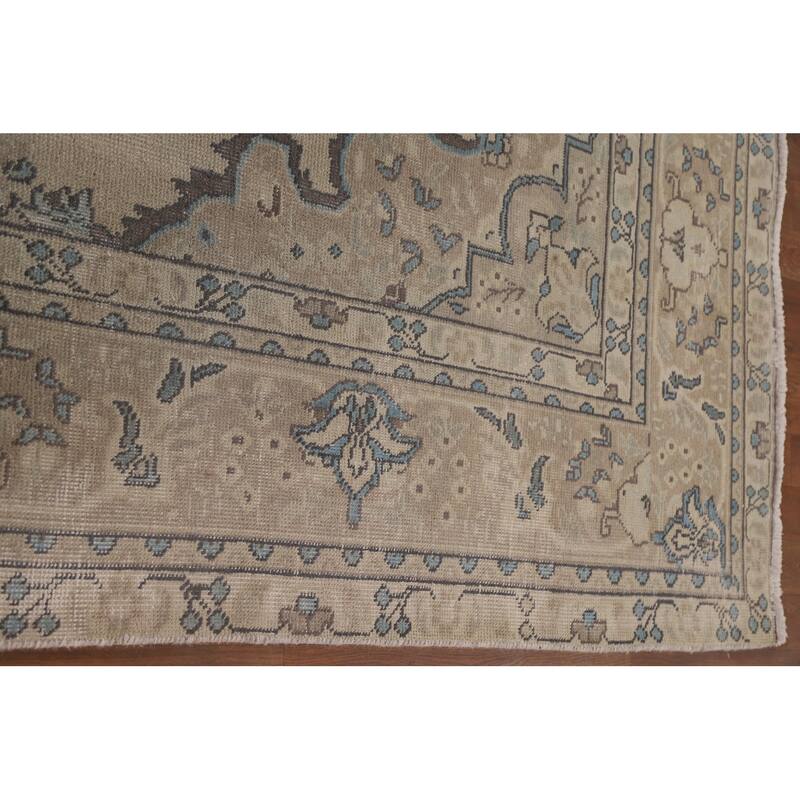 Vintage Distressed Tabriz Persian Rug Beige Handmade Wool Carpet - 6'11" x 10'4"