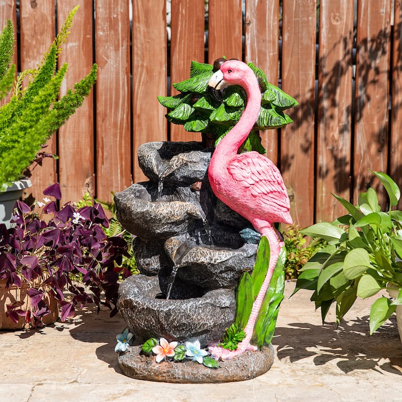 Glitzhome 23.5"H 4-Tiered Flamingo Polyresin Stone Outdoor Fountain with Lights
