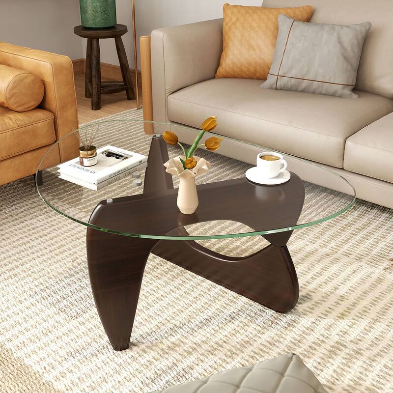 Gymax Triangle Coffee Table w/ Tempered Glass Top & Adjustable Rubber