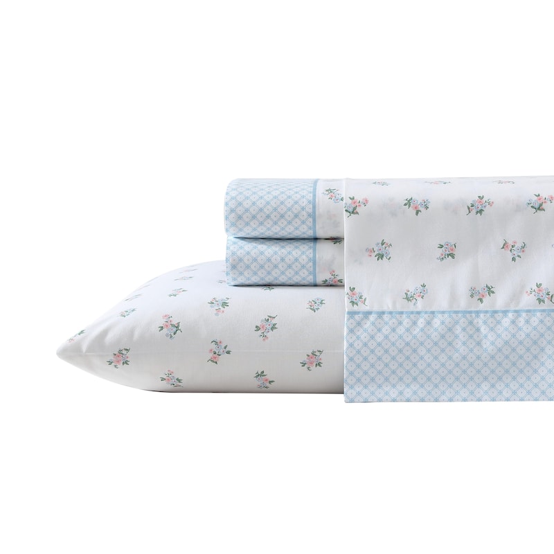 Laura Ashley Percale Cotton Printed Hem Sheet Sets - Twin - Harperette