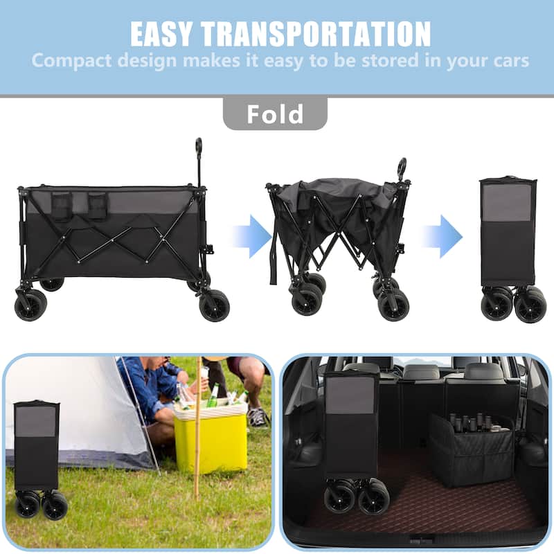Extra Large 300l Tall Heavy-Duty Folding Wagon Cart With 480lbs Capacity-All-Terrain Wheels,Side Pockets,Brakes & Drink Holders