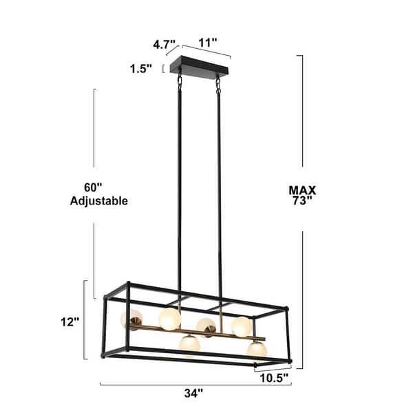 Modern LED Black Gold Chandelier 6-Light Rectangle Island Lights for Dining Room - 34" L