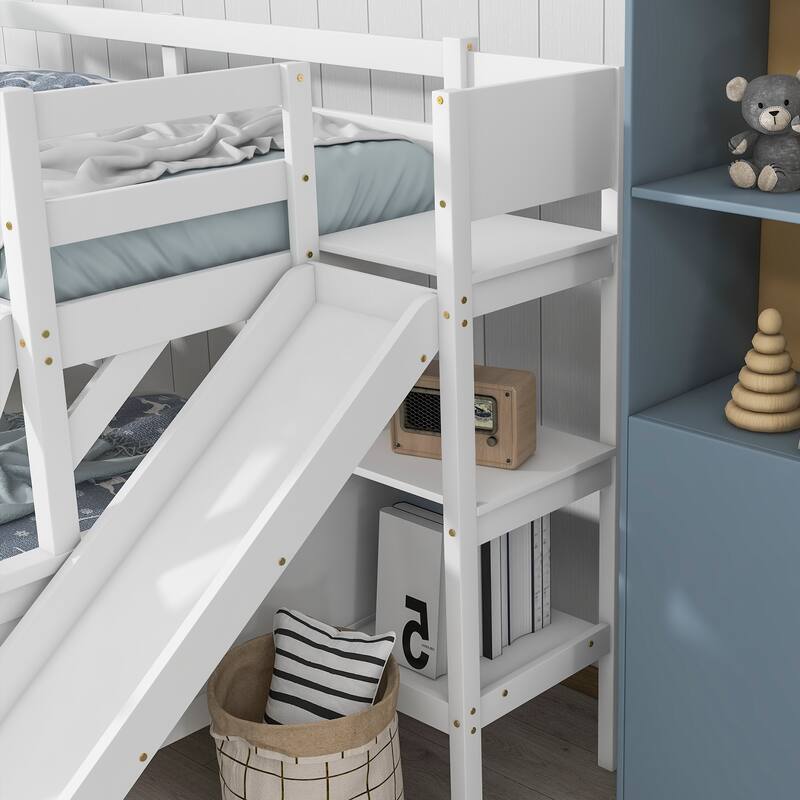 Twin over Full Bunk Bed with 2 Drawers, Slide & Shelves, Detachable into 2 Beds, Wood Bunkbeds Frame with Solid Slats Supprot