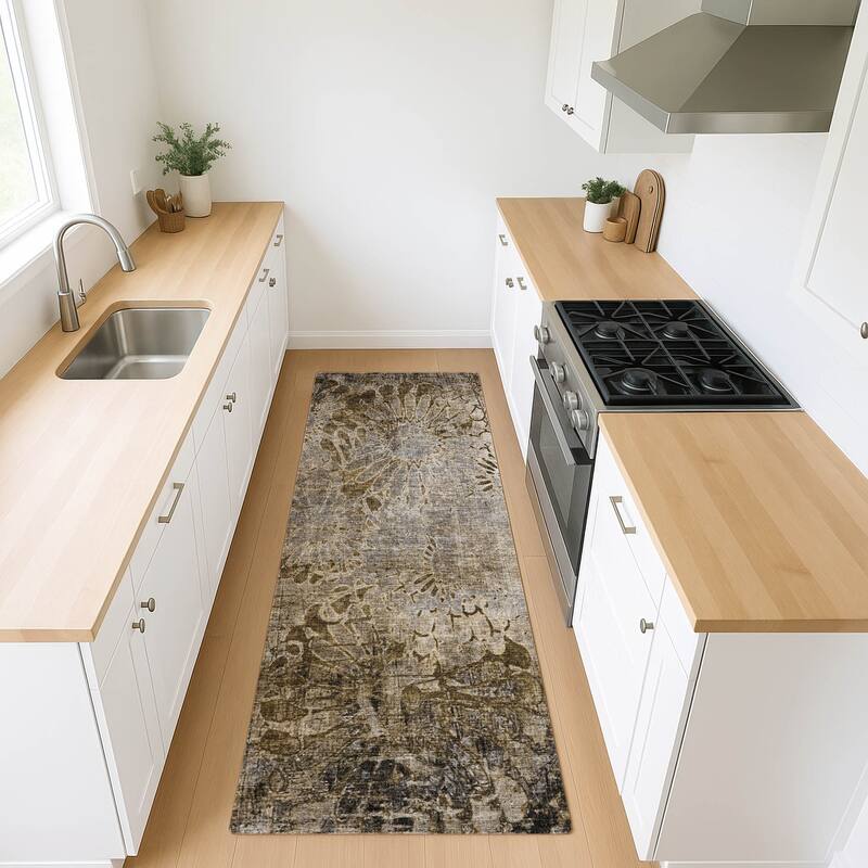 Machine Washable Indoor/ Outdoor Modern Floral Chantille Rug