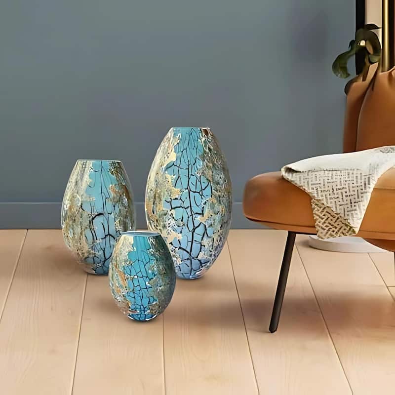 Teal Handblown Glass Oval Vases Set of Three with Gold Detailing