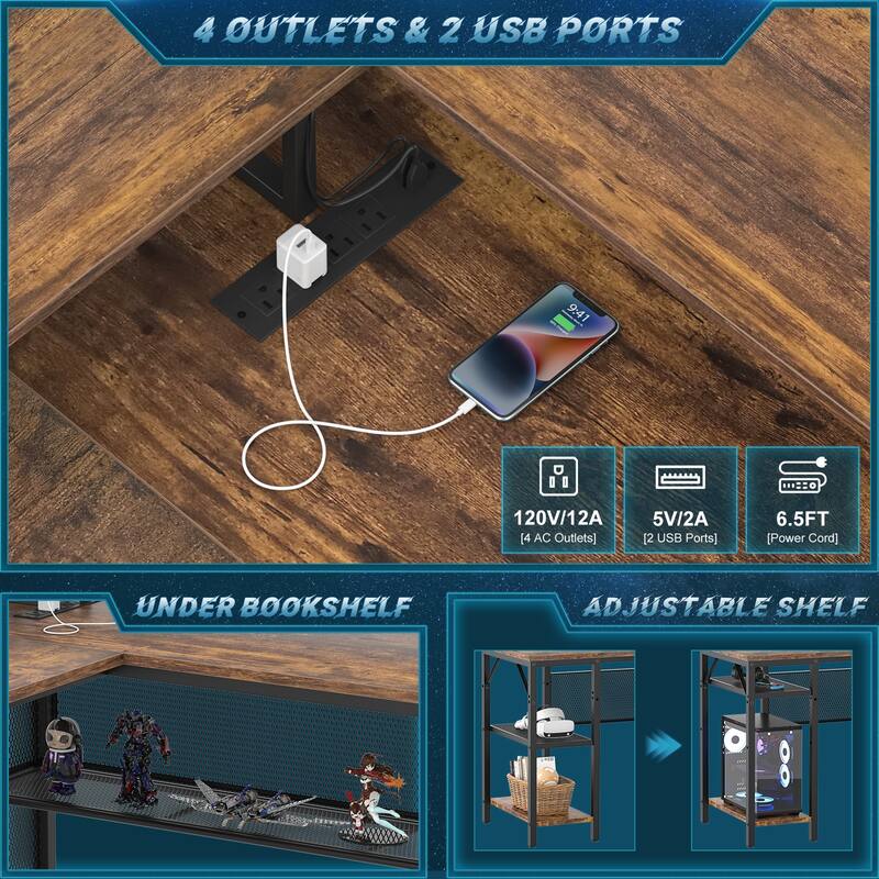 L Shape Computer Desk Reversible Gaming Desk with Charge Station and LED Light