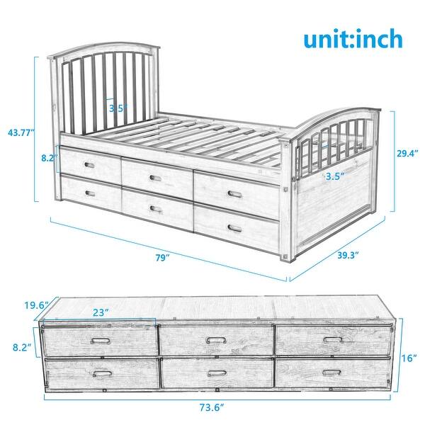 dimension image slide 0 of 2, Twin Bed with Storage, Twin Size Daybed with 6 Drawers, Wood Storage Bed Frame, Twin Size Platform Bedframe, Solid Wood Bedframe
