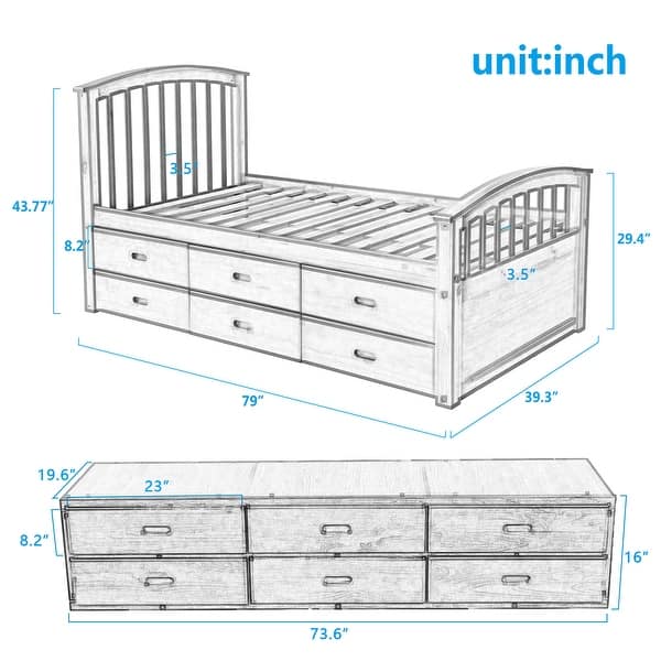 Twin Size Low Loft Bed Storage Bed Solid Wood Bed with 6 Drawers,Paint Surface,Environmentally Friendly Materials,Oak