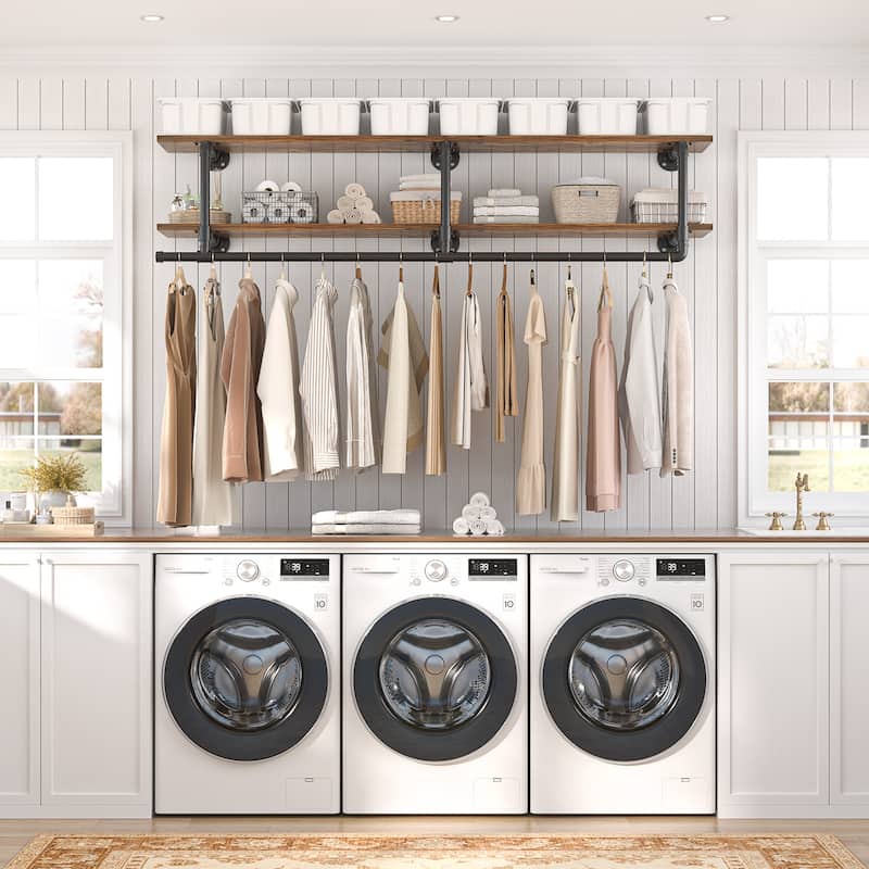 Floating Pipe Heavy-Duty Garment Rack, Wall-Mounted Closet Organizer with Storage Shelves