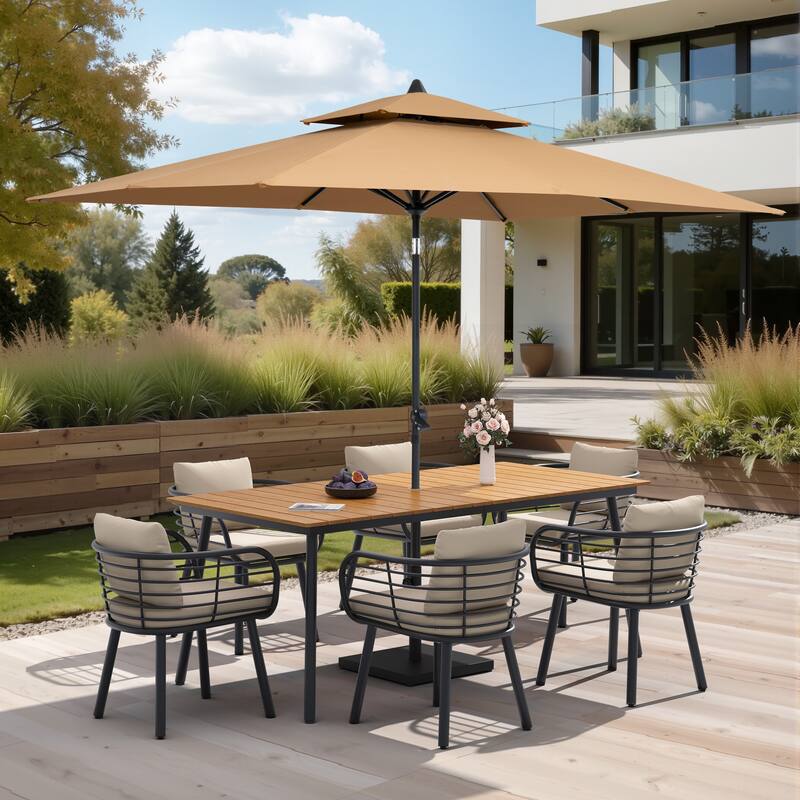 9/11-PieceOutdoor Patio Dining Set with Sunbrella Cushions Aluminum Dining Table and Chairs w/10 ft Umbrella and Base - Set of 9 - Brown Table with Tan Umbrella