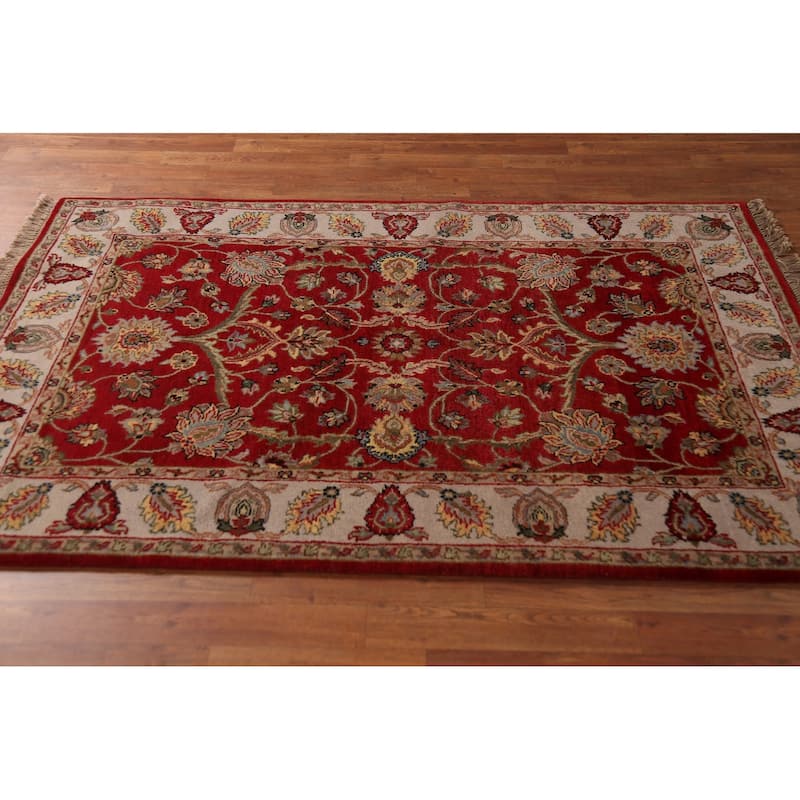 All-Over Floral Red Agra Oriental Area Rug Hand-Knotted Wool Carpet - 4'2"x 6'2"