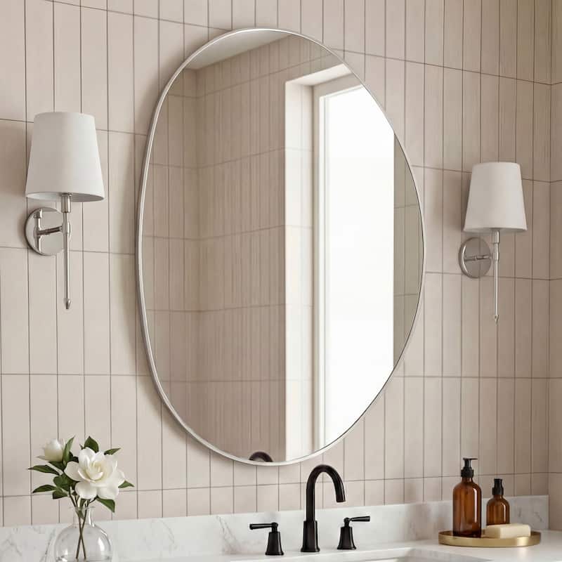 JONATHAN Y Aurelia Medium Irregular Oval Metal Framed Wall Mounted Mirror - 36 H x 24 W x 1.08 D - Nickel