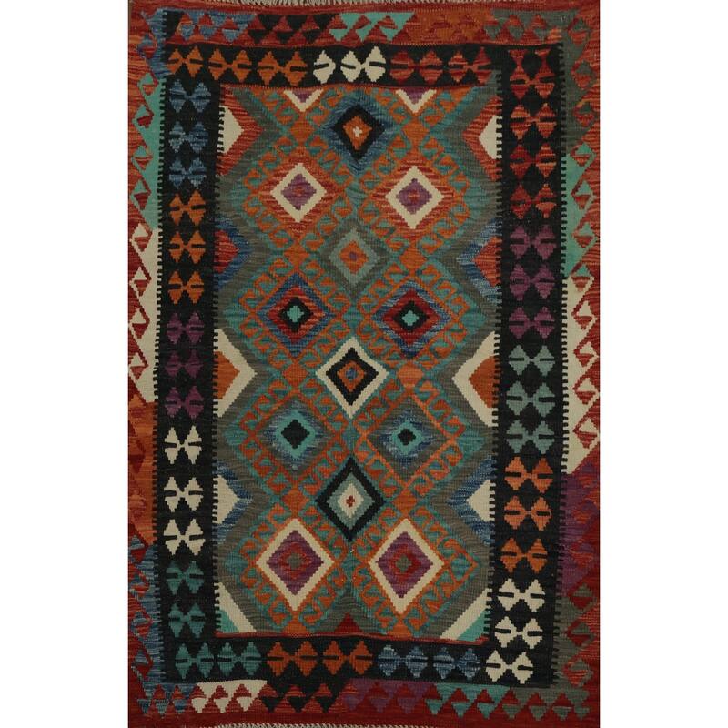 Hand Woven Oriental 100% Wool Carpet Southwestern Geometric Greys & Charcoal Kilim Area Rug - 4' 11'' X 3' 9''