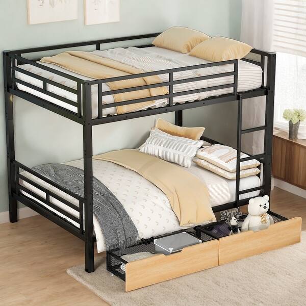 slide 2 of 12, Full Size Metal Convertible Bunk Kids Bed Frame with 2-Storage Drawers, Black Black
