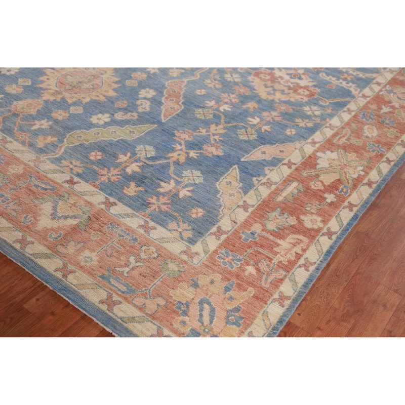 Hand Knotted Oriental 100% Wool Carpet Transitional All-Over Navy Blue & Blues Oushak Area Rug - 13' 11'' X 10' 0''