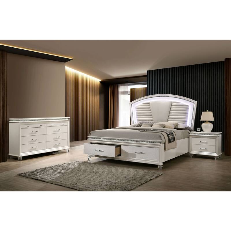 Xian Glam White Solid Wood 3-Piece Platform Bed with Nightstand and Dresser Set with LED by Furniture of America - Queen