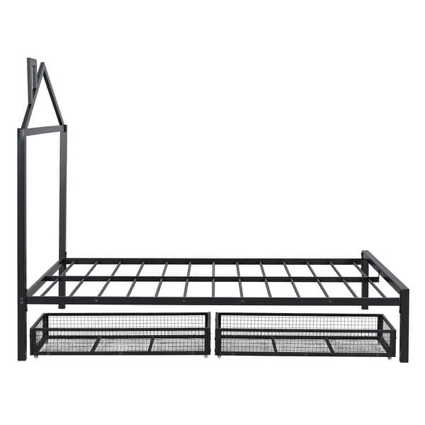 slide 2 of 73, Metal Platform Bed With Two Drawers,House-Shaped Headboard Design Full - Black