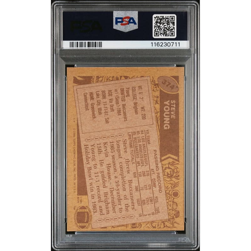 Steve Young 1986 Topps Signed Football Rookie Card #374 Auto Graded PSA 10 Cert # 1162307011 - 8' x 11'