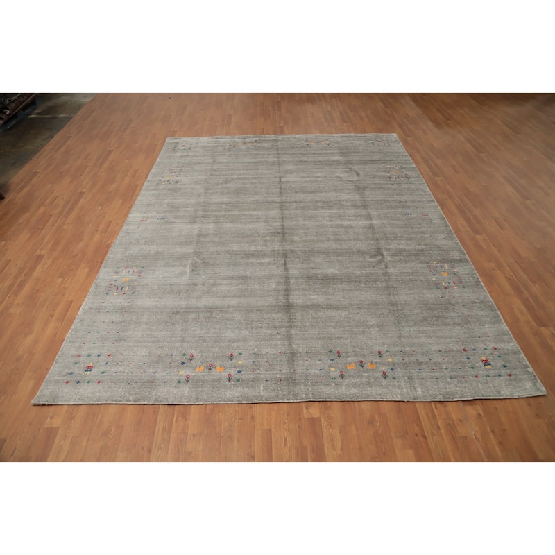 Hand Knotted Oriental Viscose Silk Carpet Tribal Animal Pictorial Greys & Charcoal Gabbeh Area Rug - 11' 9'' X 8' 11''