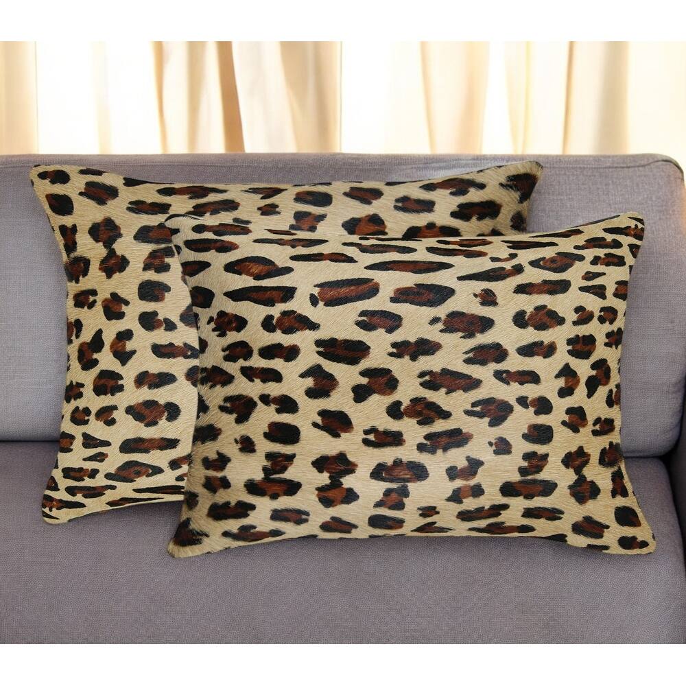 Set of Two 12" X 20" Brown and Black Leopard Cowhide Lumbar Throw Pillows